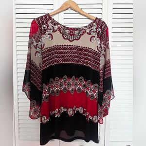 Alfani Red Black Cream Paisley-Panel Flutter Tunic
